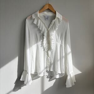 CAbi Sheer White Long Sleeve Ruffled Blouse Bell Sleeve Button Up Size Small